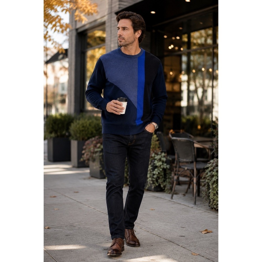 Calvin Klein Merino Wool Blend‎ Colorblock Sweater Blue Black LG
